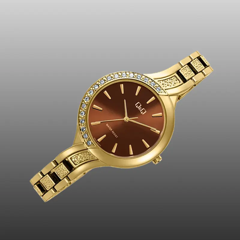 Q&Q Brown Dial Gold-tone Fashion Ladies Watch- F01A-002PY